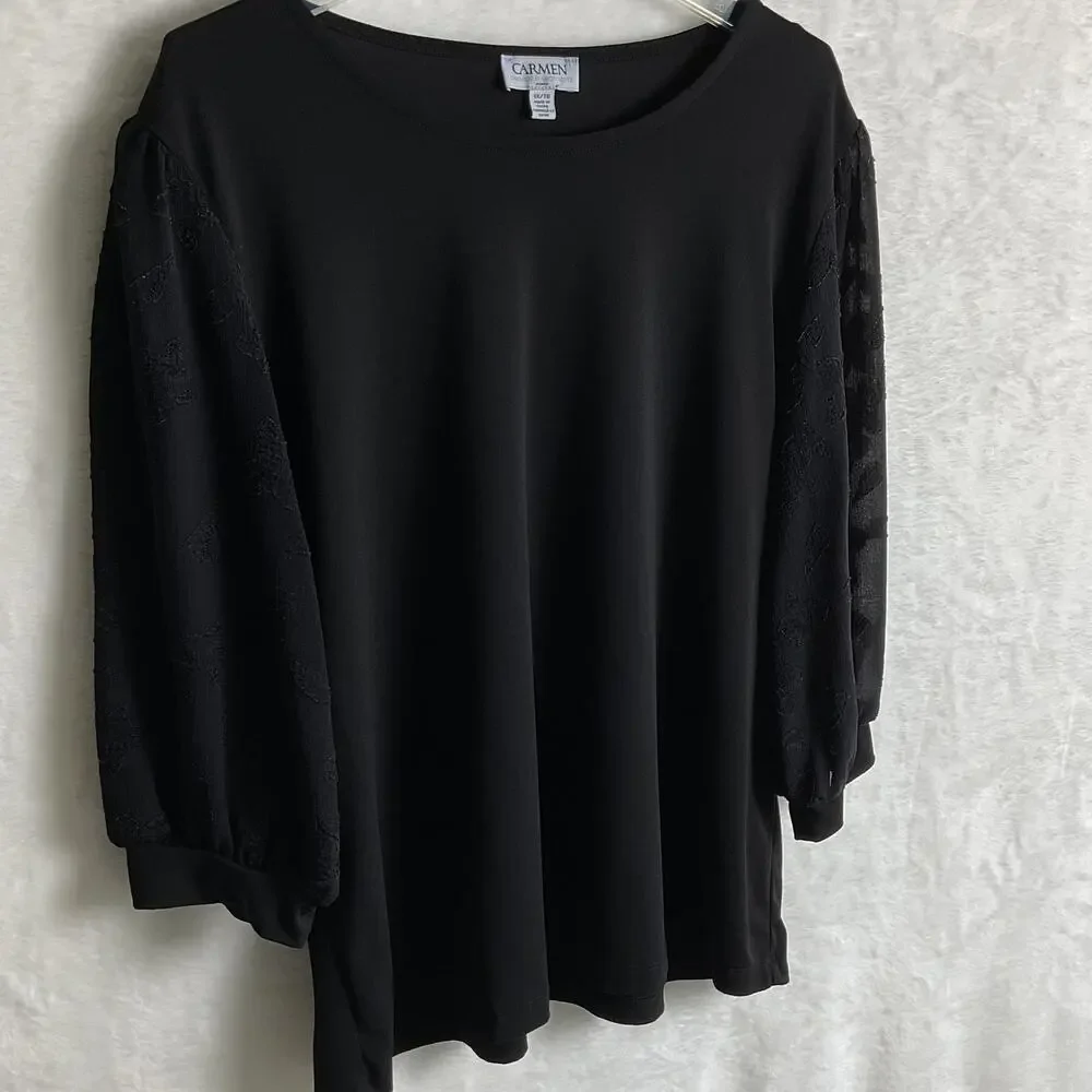 Carmen Marc Valvo Black Blouse Sheer Sleeves Womens 1X